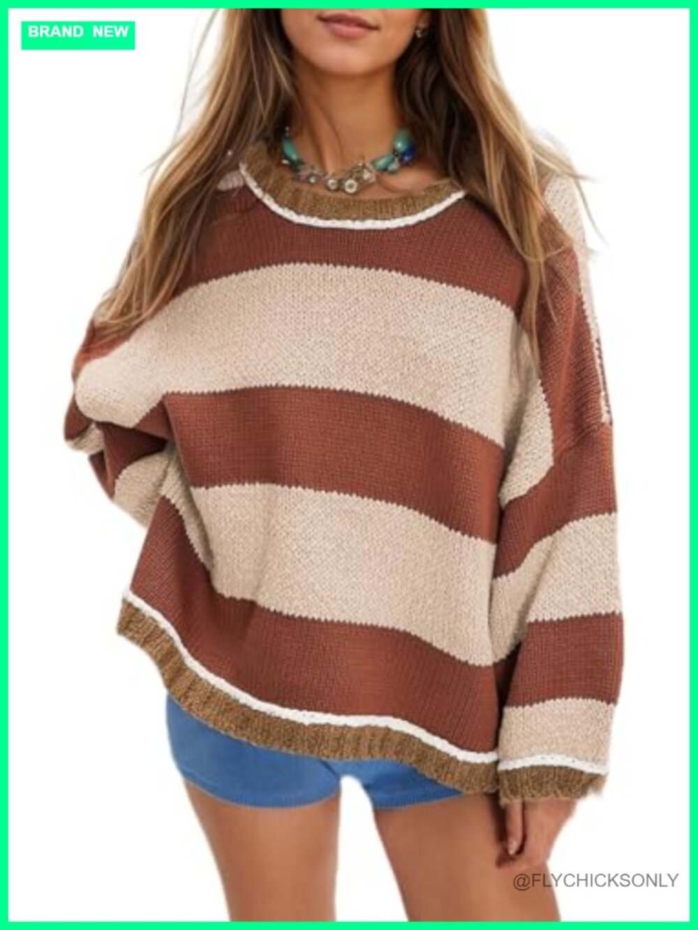 Chunky Knit Crewneck Oversized Striped Sweater Pullover
